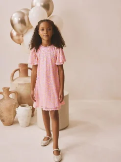 Best Next Angel Sleeve Sequin Party Dress (3-16yrs) Pastel Pink