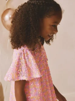 Best Next Angel Sleeve Sequin Party Dress (3-16yrs) Pastel Pink
