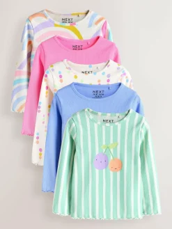 Next Pastel Rainbow Long Sleeve Rib Tops 5 Pack (3mths-7yrs)^ Baby Girls|Tops