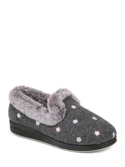 Pavers Grey Floral Faux Fur Slippers^Women Slippers
