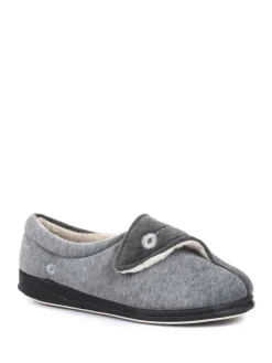 Hot Pavers Wide Fit Ladies Touch Fasten Full Slippers With Permalose Sole Grey
