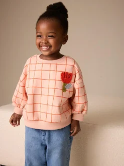 Next Peach Pink Grid Crew Neck Sweatshirt (3mths-7yrs)^ Sweatshirts & Hoodies|Nightwear
