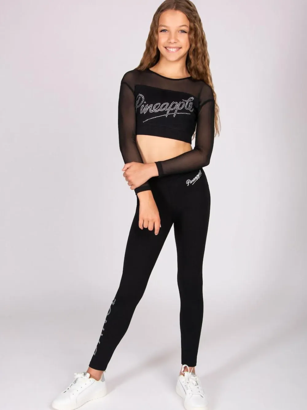 Pineapple Black Logo Mesh Panel Long Sleeve Crop Top^ Bras & Crop Tops