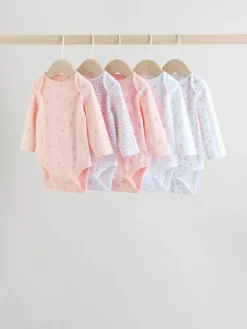 Online Next Pink 5 Pack Long Sleeve Baby Bodysuit