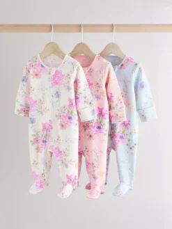 Hot Next Pink 3 Pack Two Way Zip Baby Sleepsuits (0mths-2yrs)