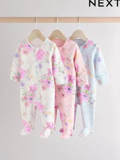Hot Next Pink 3 Pack Two Way Zip Baby Sleepsuits (0mths-2yrs)