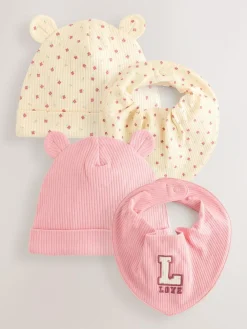 Outlet Next Pink 4 Piece Baby Beanies And Dibble Bibs Set (0-18mths)
