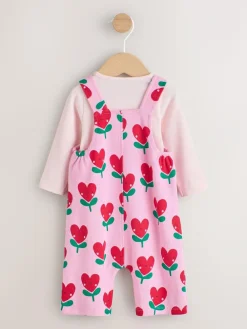 Next Pink Baby Dungarees and Long Sleeve Bodysuits Set 2 Piece (0mths-3yrs)^ Rompers & Overalls|Sets & Coords
