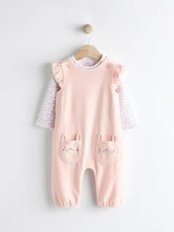 Next Pink Baby Dungarees and Longsleeve Bodysuit Set (0mths-2yrs)^ Rompers & Overalls
