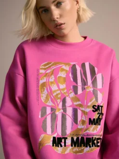New Next Cotton Rich Fruit Art Graphic Longsleeve Crewneck Sweatshirt Pink