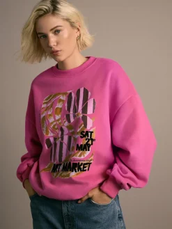 New Next Cotton Rich Fruit Art Graphic Longsleeve Crewneck Sweatshirt Pink