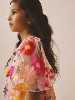 Outlet Next Pink 3D Embroidered Flower Occasion Dress (3-16yrs)