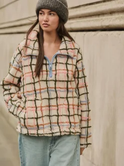 Best Next Pink/ Ecru Check Soft Touch Cosy Teddy Borg Quarter Zip Fleece