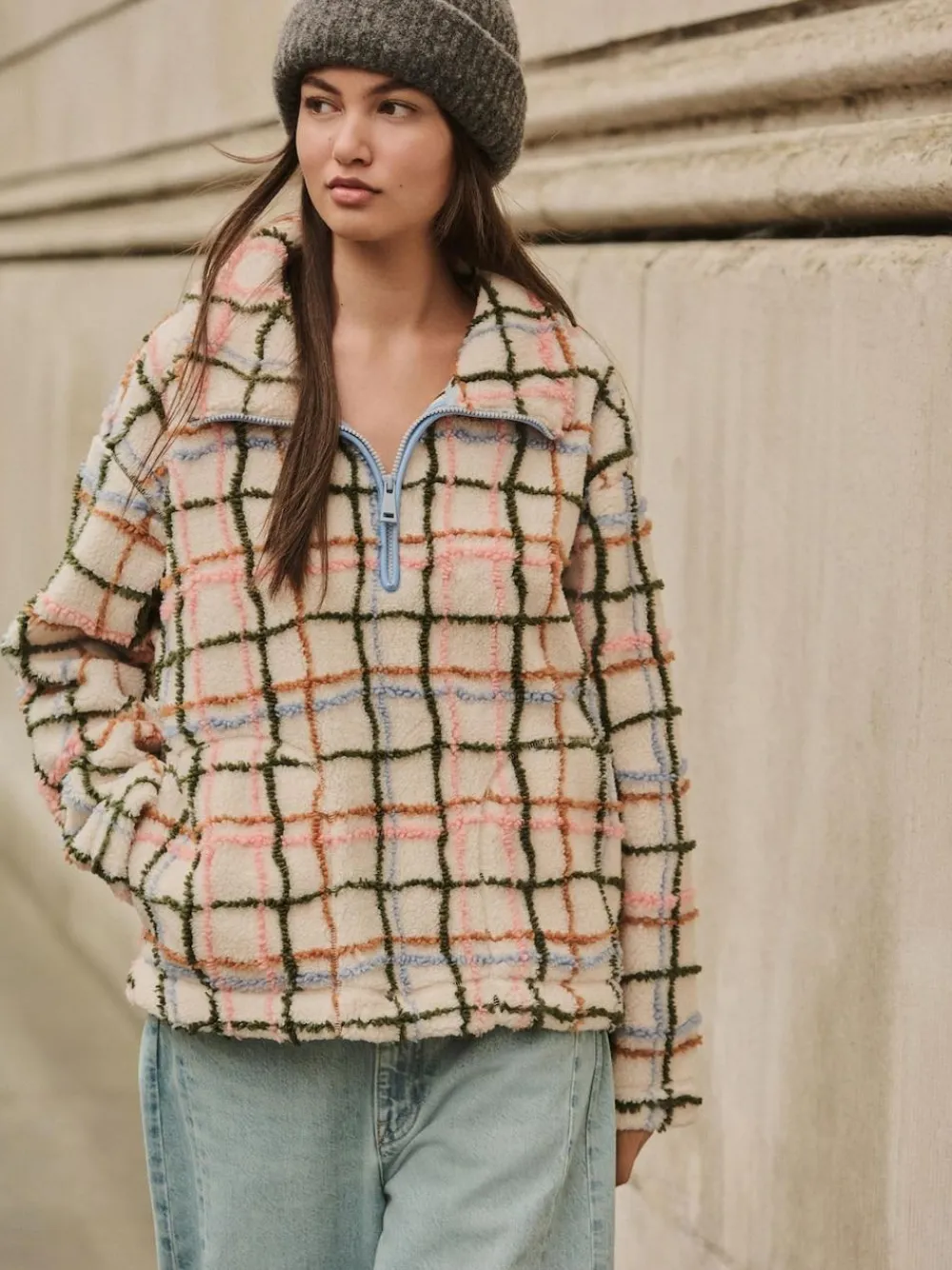 Best Next Pink/ Ecru Check Soft Touch Cosy Teddy Borg Quarter Zip Fleece