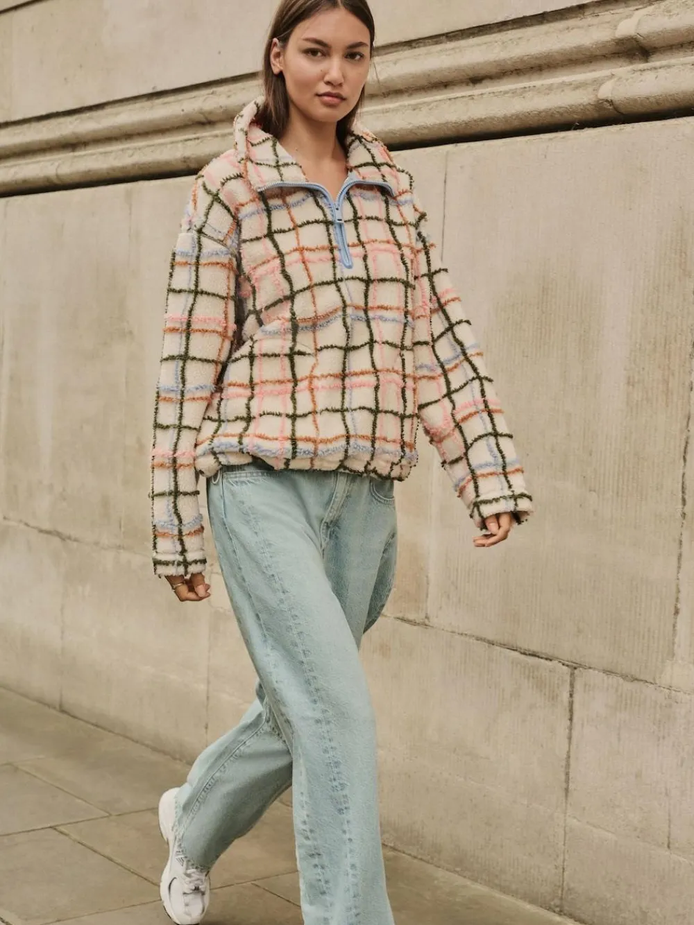 Best Next Pink/ Ecru Check Soft Touch Cosy Teddy Borg Quarter Zip Fleece