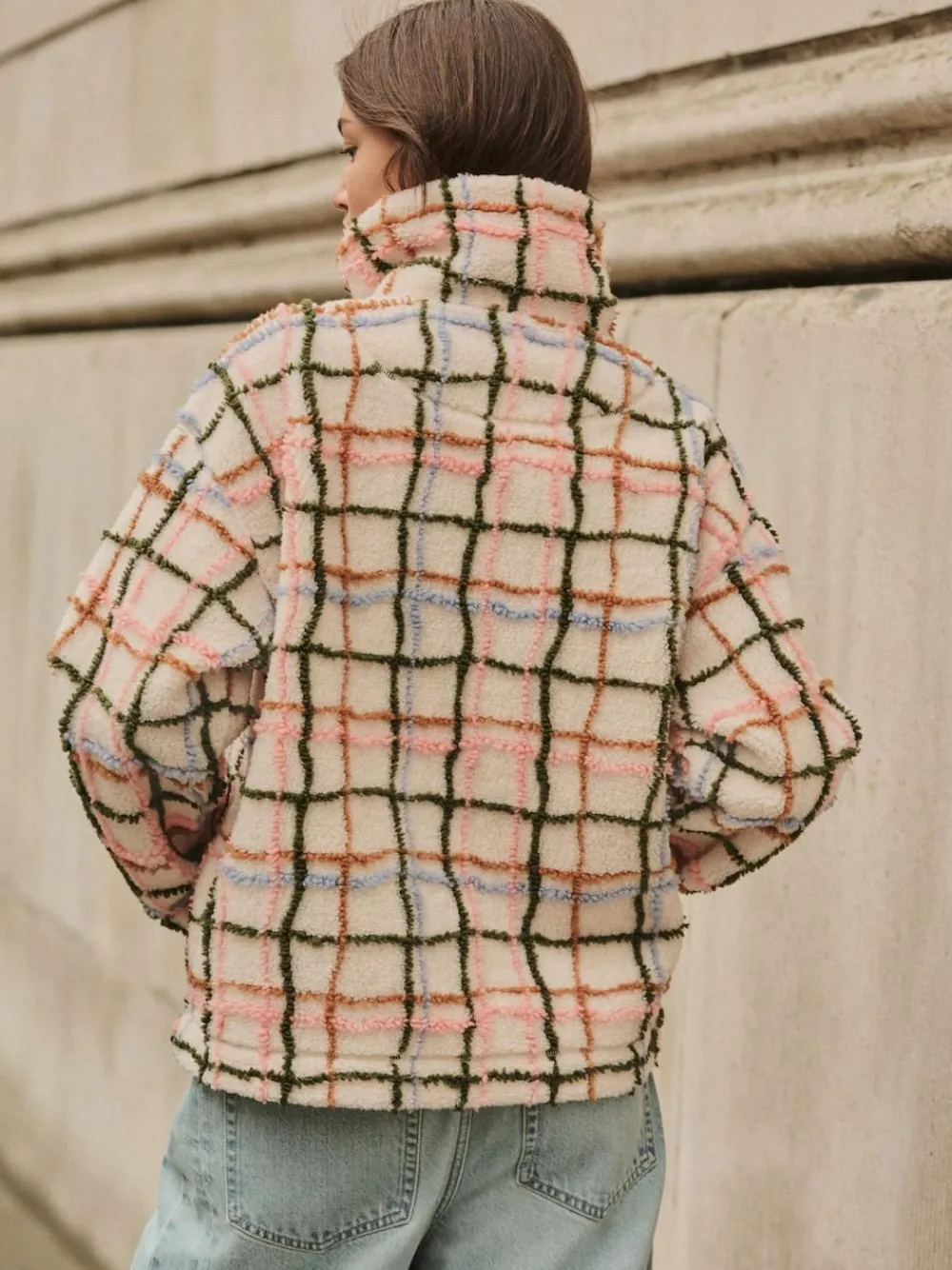 Best Next Pink/ Ecru Check Soft Touch Cosy Teddy Borg Quarter Zip Fleece