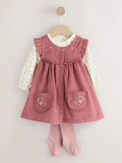 Next Pink Embroidered Baby Cord Pinafore Long Sleeve Bodysuit & Tights Set (0mths-2yrs)^ Dresses|Dresses