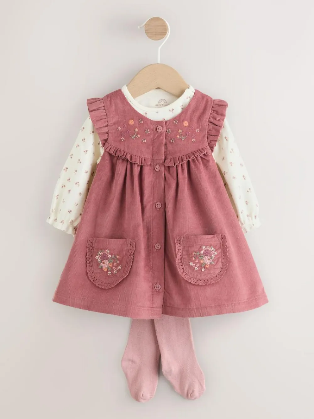 Next Pink Embroidered Baby Cord Pinafore Long Sleeve Bodysuit & Tights Set (0mths-2yrs)^ Dresses|Dresses
