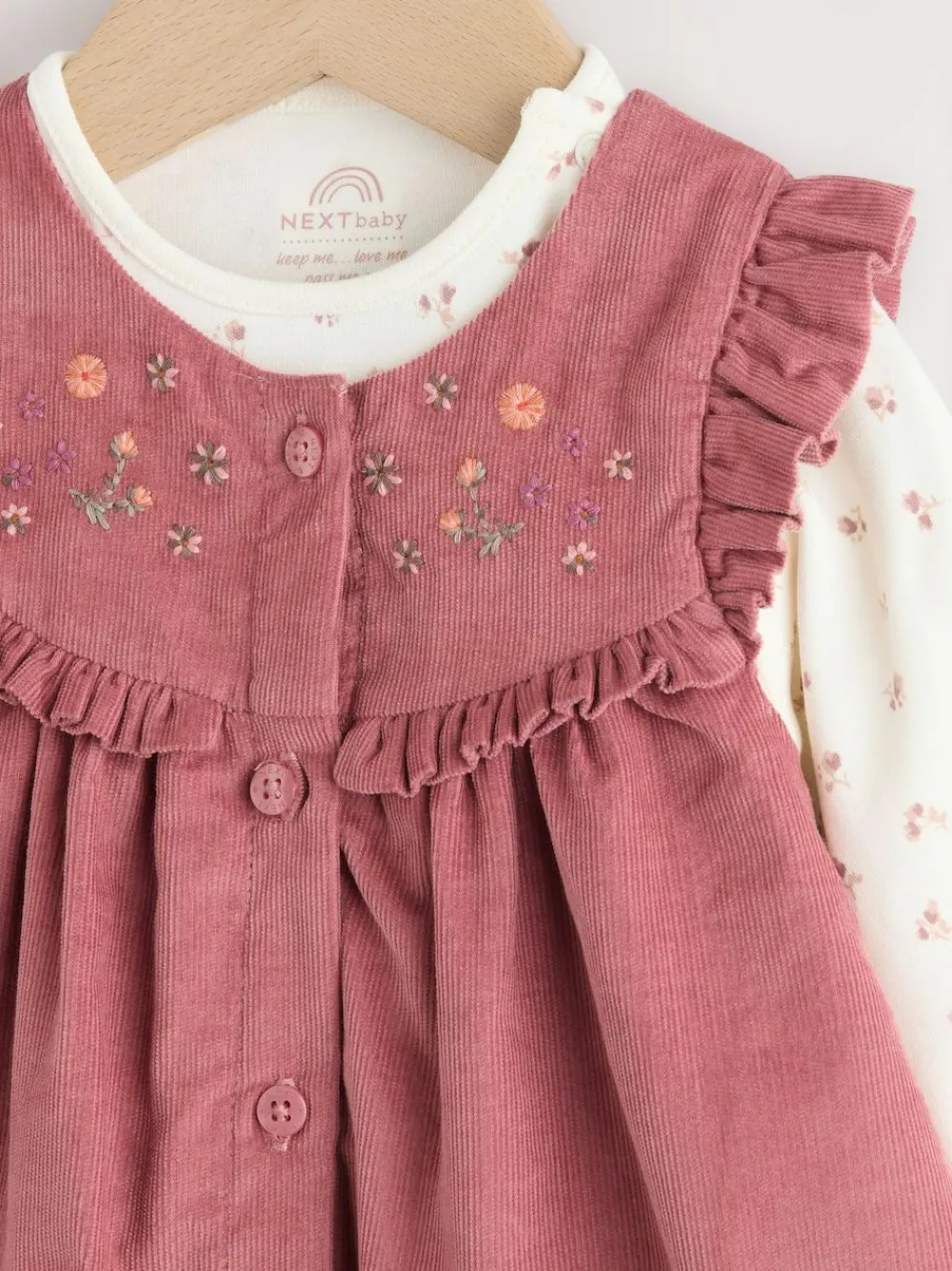 Next Pink Embroidered Baby Cord Pinafore Long Sleeve Bodysuit & Tights Set (0mths-2yrs)^ Dresses|Dresses