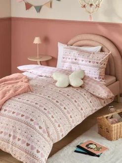 Next Duvet Cover and Pillowcase Set Pink Fairisle heart Super Soft Brushed cotton