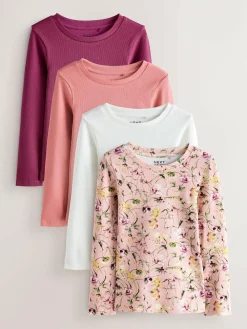Next Pink Floral Print Long Sleeve Ribbed T-Shirts 4 Pack (3-16yrs)^ Nightwear|Tops