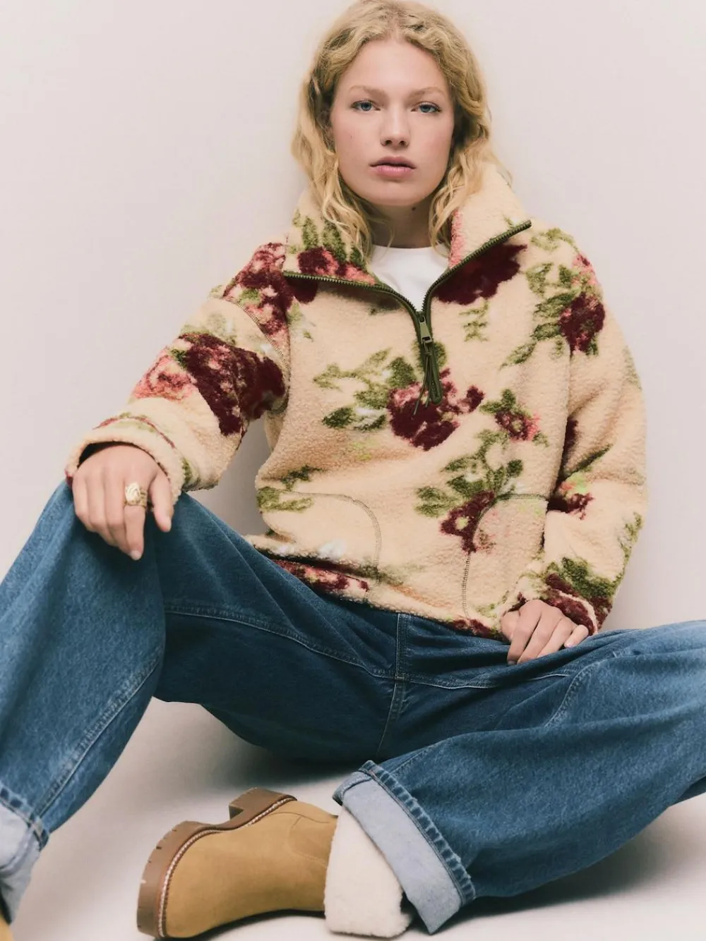 Discount Next Pink Floral Print Soft Touch Cosy Teddy Borg Quarter Zip Fleece