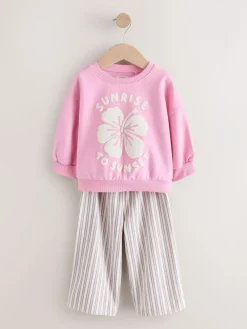 Next Pink Flower Sweatshirt & Wide Leg Trousers Set (3mths-7yrs)^ Sets & Coords