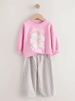Next Pink Flower Sweatshirt & Wide Leg Trousers Set (3mths-7yrs)^ Sets & Coords