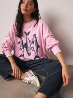 Clearance Next Pink Graphic Beaded Fish Graphic Sweatshirt