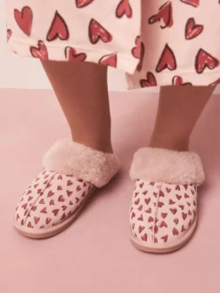 Discount Next Pink Heart Faux Fur Lined Suede Mule Slippers
