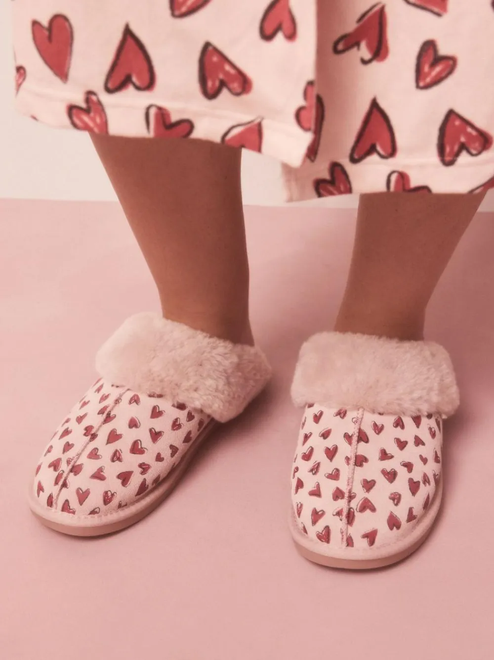 Discount Next Pink Heart Faux Fur Lined Suede Mule Slippers