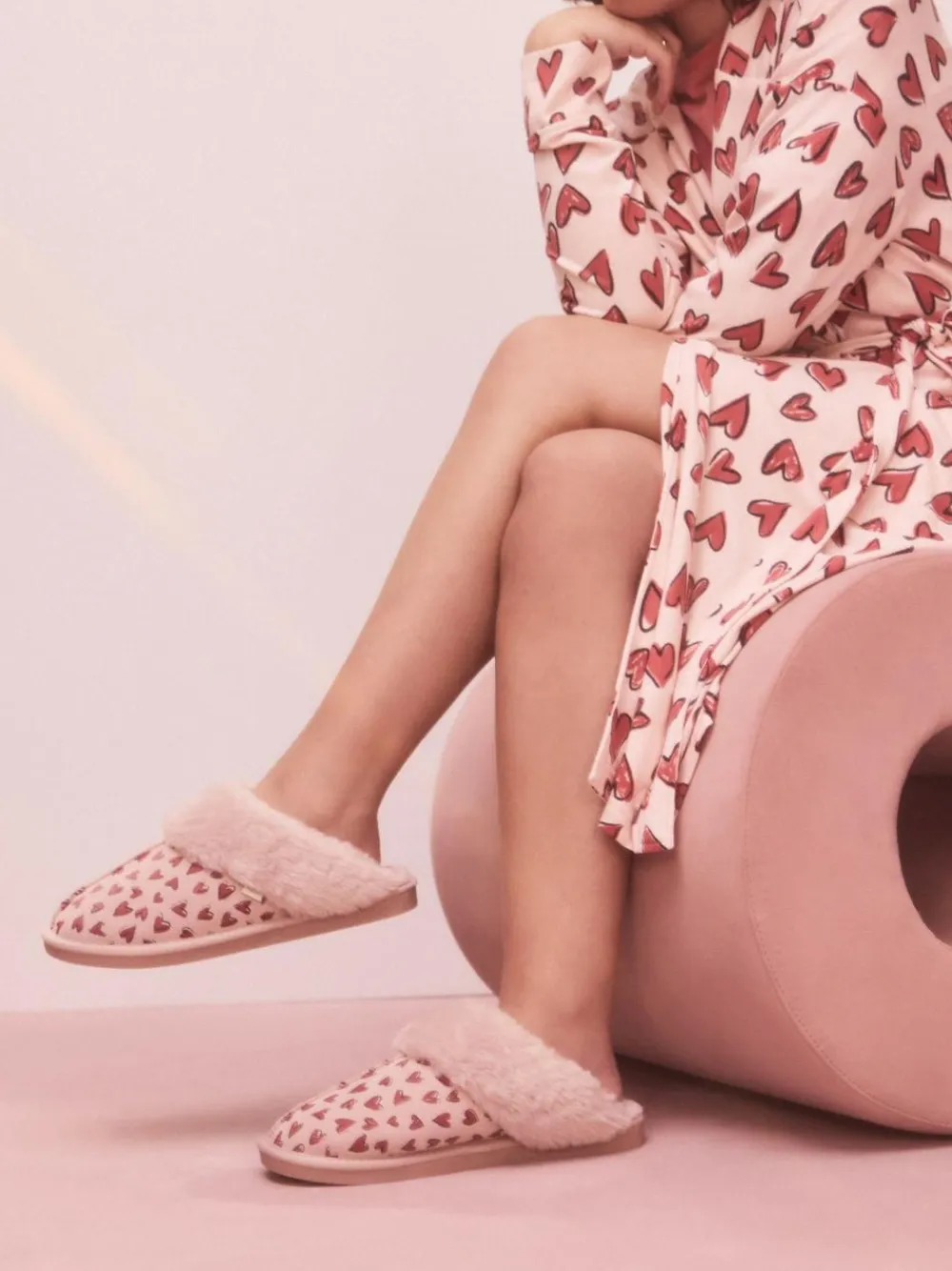 Discount Next Pink Heart Faux Fur Lined Suede Mule Slippers