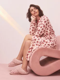 Discount Next Pink Heart Faux Fur Lined Suede Mule Slippers