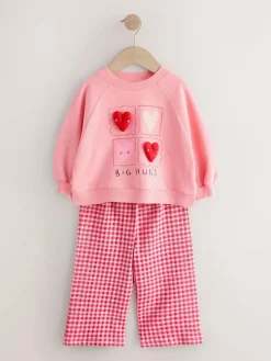 Next Pink Heart Sweatshirt & Wide Leg Trousers Set (3mths-7yrs)^ Baby Girls|Sweatshirts & Hoodies