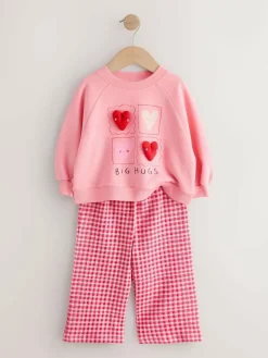 Next Pink Heart Sweatshirt & Wide Leg Trousers Set (3mths-7yrs)^ Baby Girls|Sweatshirts & Hoodies