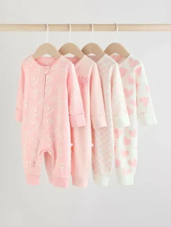 Clearance Next Print Two Way Zip Baby Sleepsuits 4 Pack (0mths-3yrs) Pink