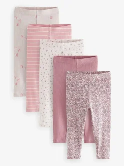 Online Next Ribbed Leggings 5 Pack (3mths-7yrs) Pink
