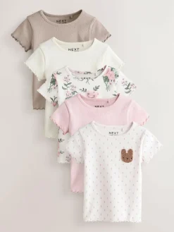 Next Pink Ribbed Short Sleeve Tops 5 Pack (3mths-7yrs)^ Baby Girls|Tops