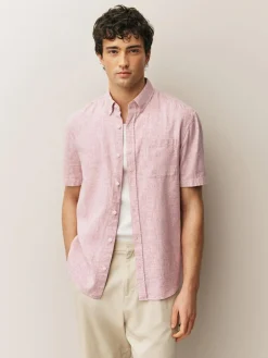 Hot Next Standard Collar Cotton Linen Blend Short Sleeve Shirt Pink