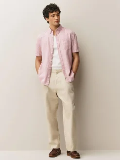 Hot Next Standard Collar Cotton Linen Blend Short Sleeve Shirt Pink