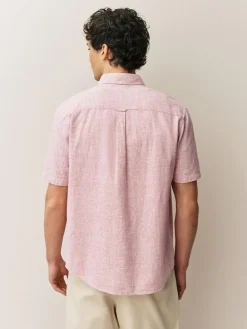 Hot Next Standard Collar Cotton Linen Blend Short Sleeve Shirt Pink