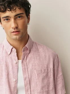 Hot Next Standard Collar Cotton Linen Blend Short Sleeve Shirt Pink