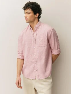 New Next Standard Collar Cotton Linen Blend Long Sleeve Shirt Pink