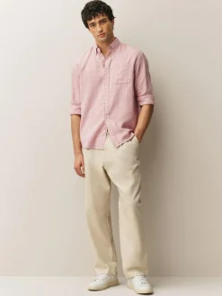 New Next Standard Collar Cotton Linen Blend Long Sleeve Shirt Pink