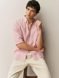 New Next Standard Collar Cotton Linen Blend Long Sleeve Shirt Pink