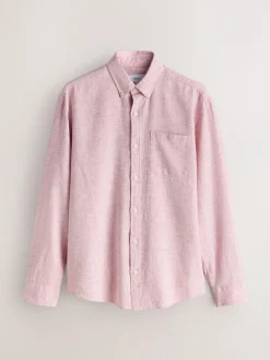 New Next Standard Collar Cotton Linen Blend Long Sleeve Shirt Pink