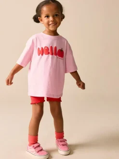 Online Next Short Sleeve T-Shirt and Cycle Shorts Set (3mths-7yrs) Pink Tomato Character