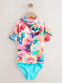 Next Pink Tropical Short Sleeve Sunsafe Rash Vest And Pant Swim Set (3-16yrs)^ Swimwear