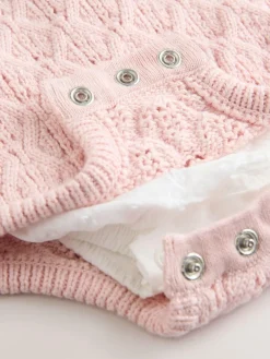 Best Next Pink/ White Baby Romper and Knitted Dungarees with Tights 3 Piece Set (0mths-2yrs)