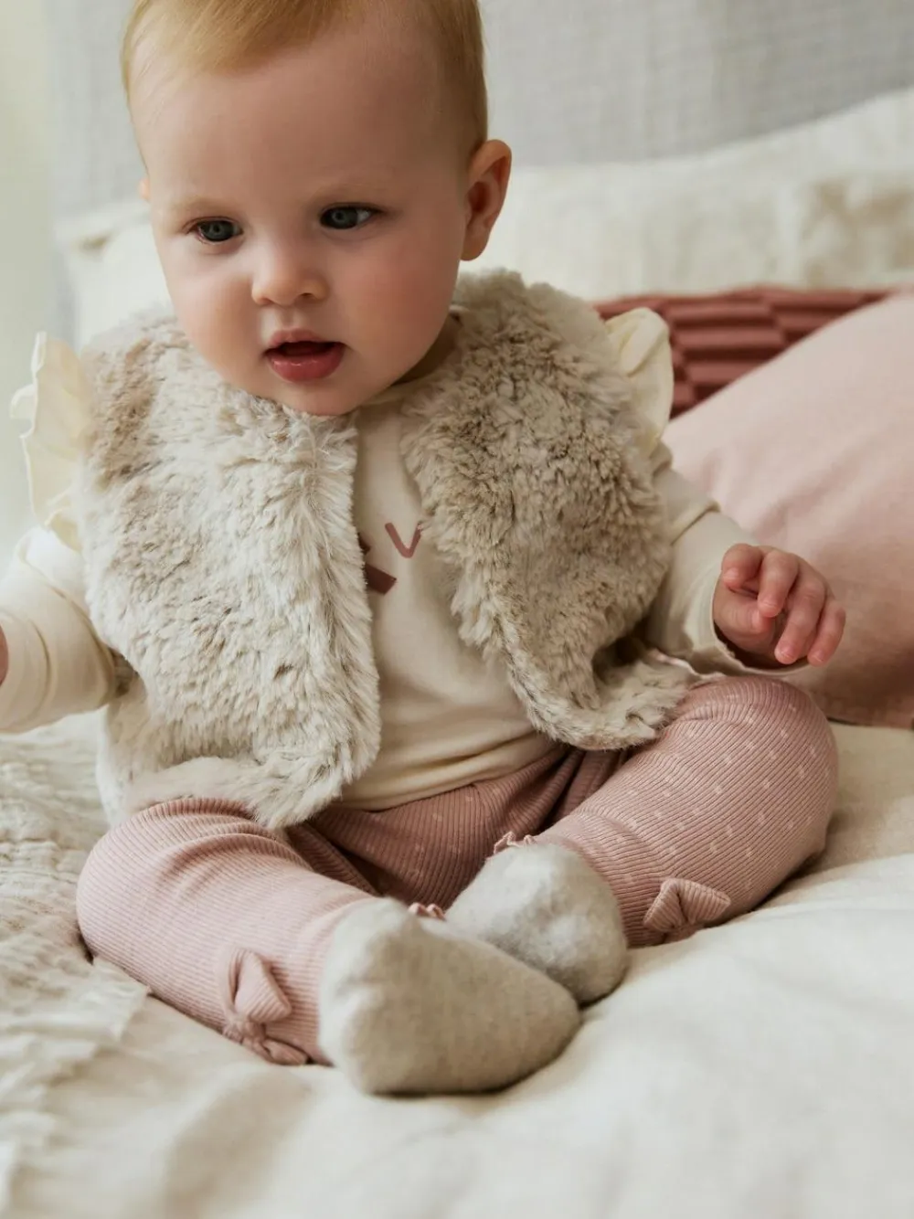 Hot Next Pink/Cream Baby Fur Gilet, Top and Leggings 3 Piece Set (0mths-2yrs)